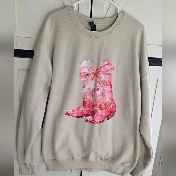 Gildan Sweaters - Women's Beige Sweater with Pink Boot Design